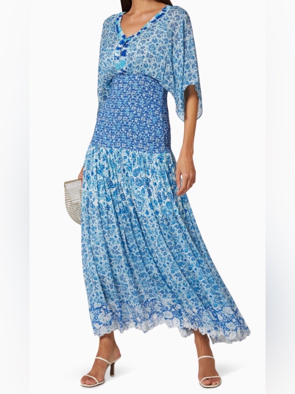 HEMANT & NANDITA Blue Floral V-Neck Smocked Maxi Dress